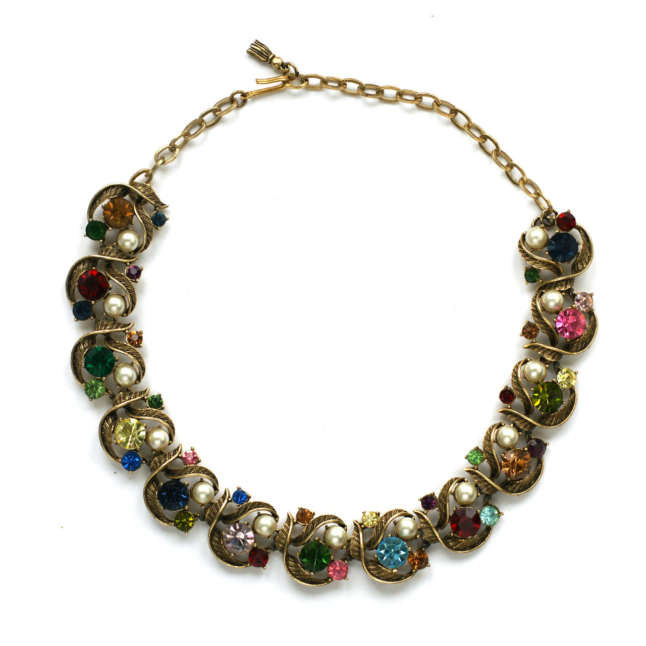 Vintage necklace from the 1950s in old gold plate with multicoloured rhinestones