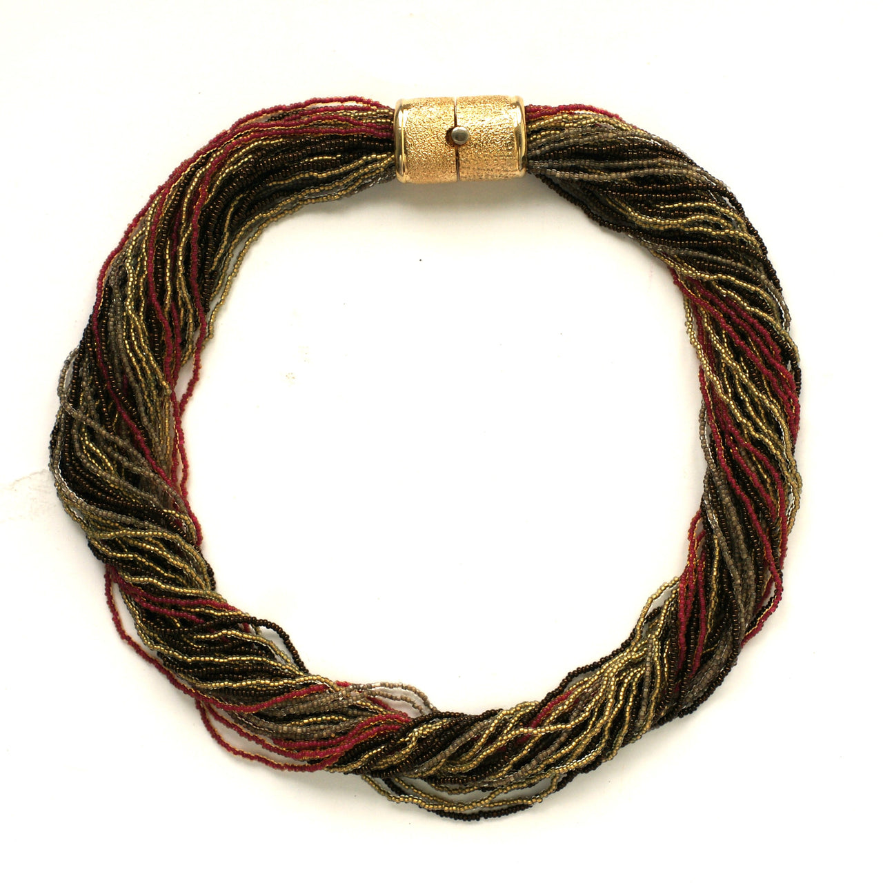 Murano fine seed bead necklace with gold plated clasp in red brown and gold