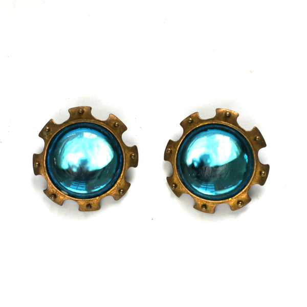 Lovely large clip on earrings in dark gold plate with large turquoise cabochons