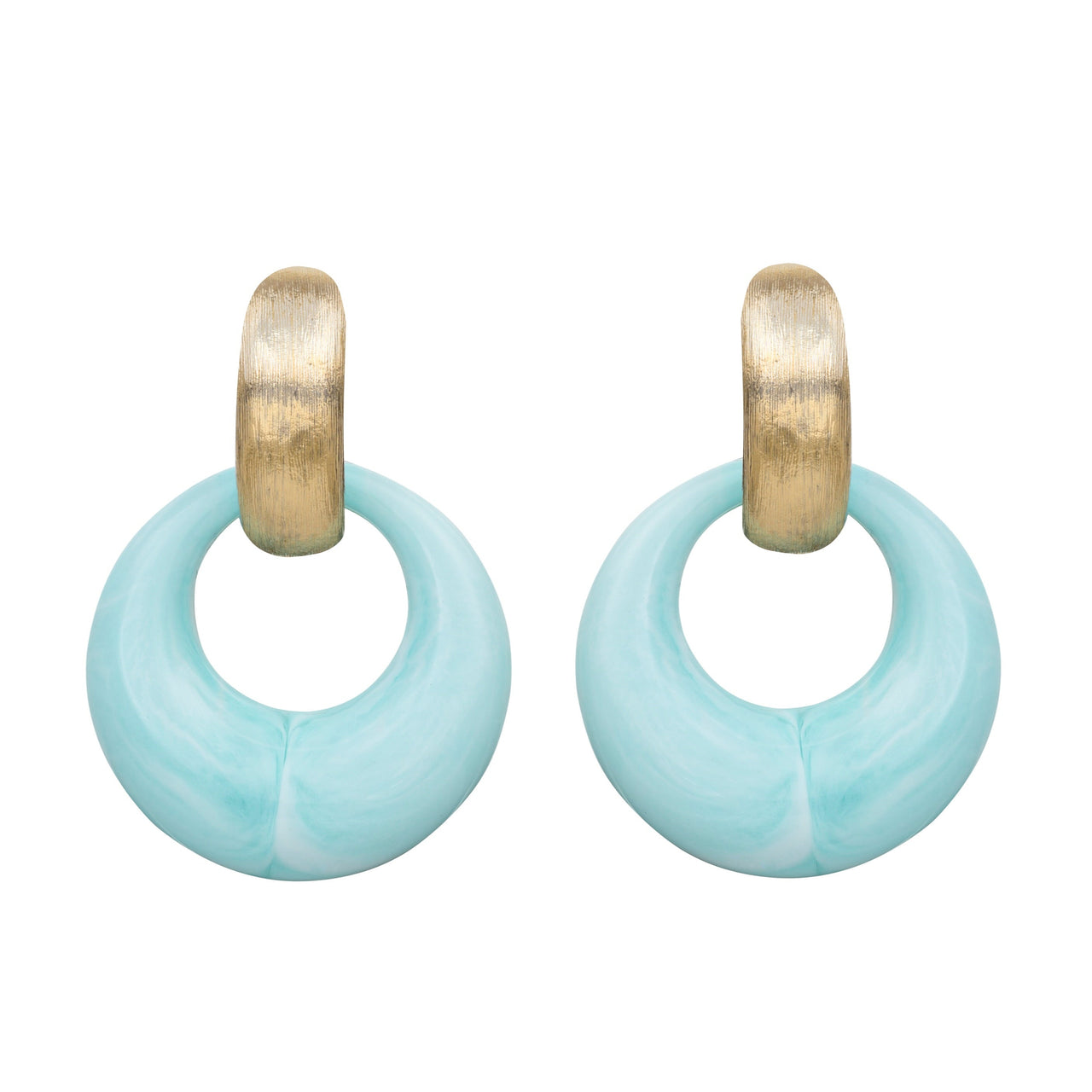 A pair of vintage hoop clip earrings with gold plating and multicolored resin hoops.