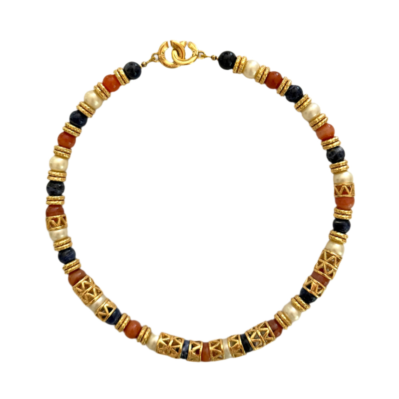 Necklace with gold, blue and brown beads