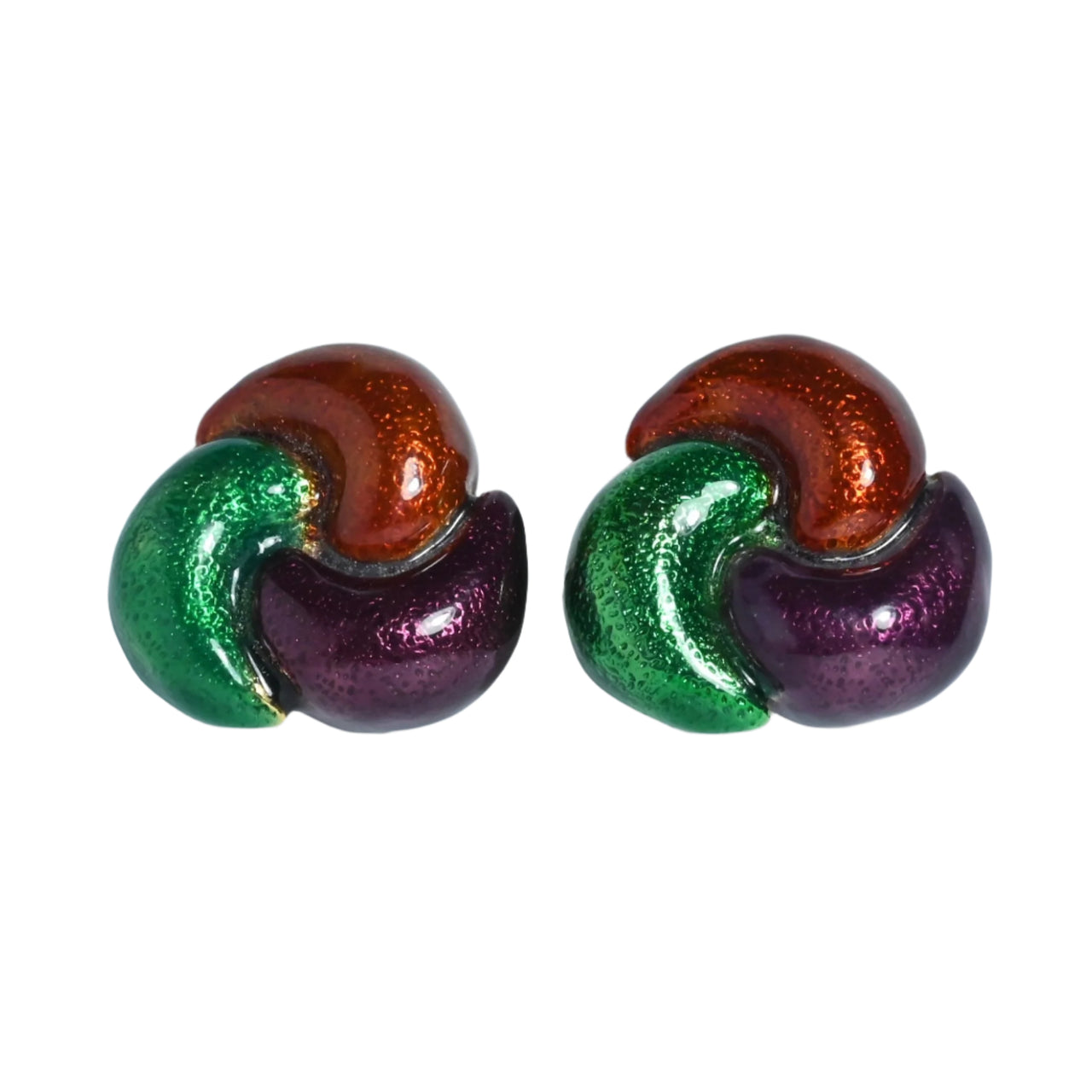 Red green and purple enamel clip on earrings from the 1980s by Blanca on gold plate Eclectica