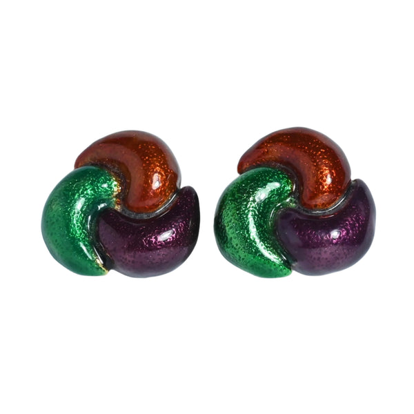 Red green and purple enamel clip on earrings from the 1980s by Blanca on gold plate Eclectica