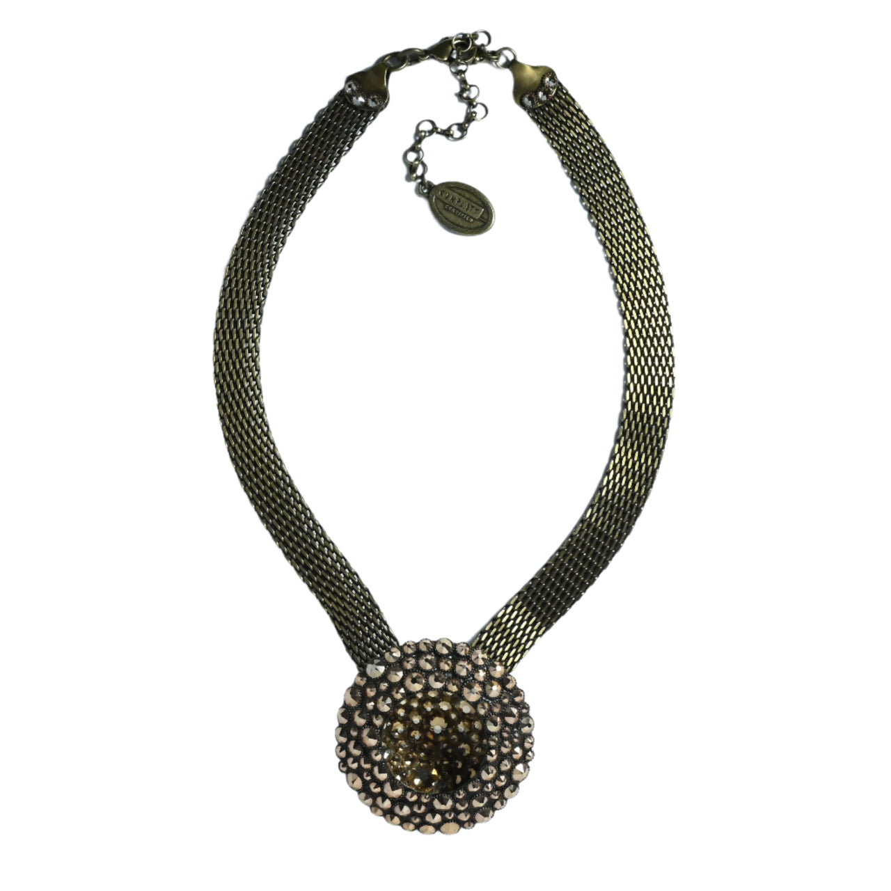 Wonderful statement necklace for Konplott by German Designer Miranda Konstantinidou . With bronze coloured mesh metal hardware and bronze faceted stones in a large round centre piece. Measures 40cm + 9cm extension chain .