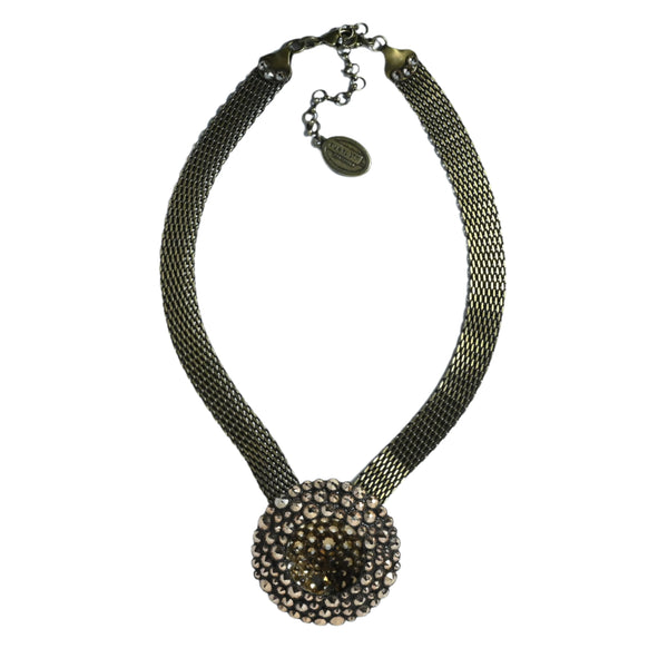Wonderful statement necklace for Konplott by German Designer Miranda Konstantinidou .  With bronze coloured mesh metal hardware and bronze faceted stones in a large round centre piece.  Measures 40cm + 9cm extension chain .