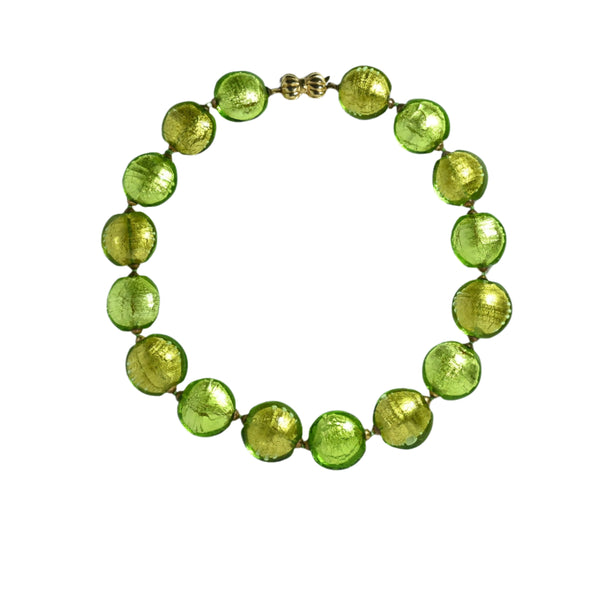 Lime green Murano glass bead  necklace round flat beads knotted with green thread gold plated clasp