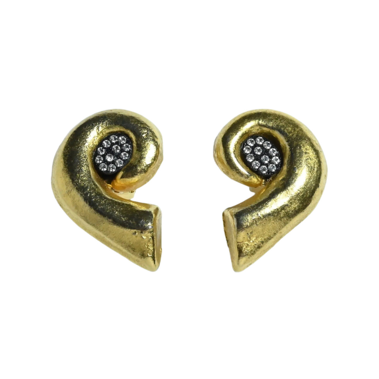 Matt gold plated clip on earrings with a black centre with clear crystals in Etruscan style