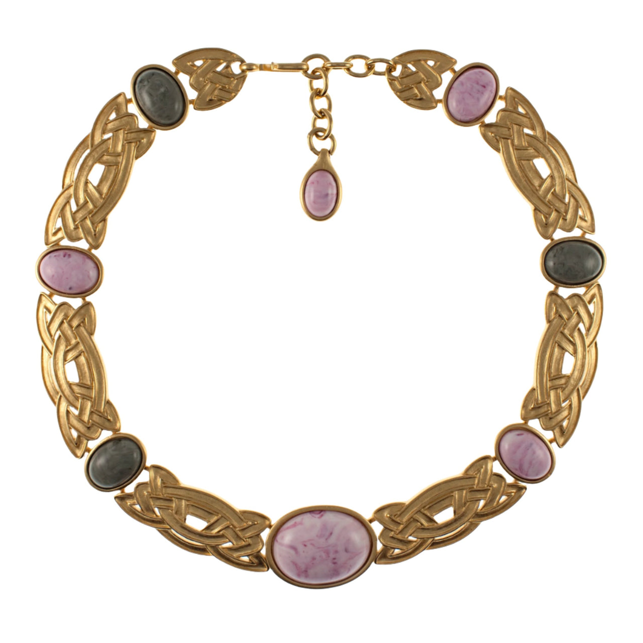 Fantastic example of 1980s Monet jewellery with pale pink and grey mottled resin cabochons fastens with a hook and chain signed Monet