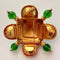 Gold plated brooch in cross shape with green and blue resin stones