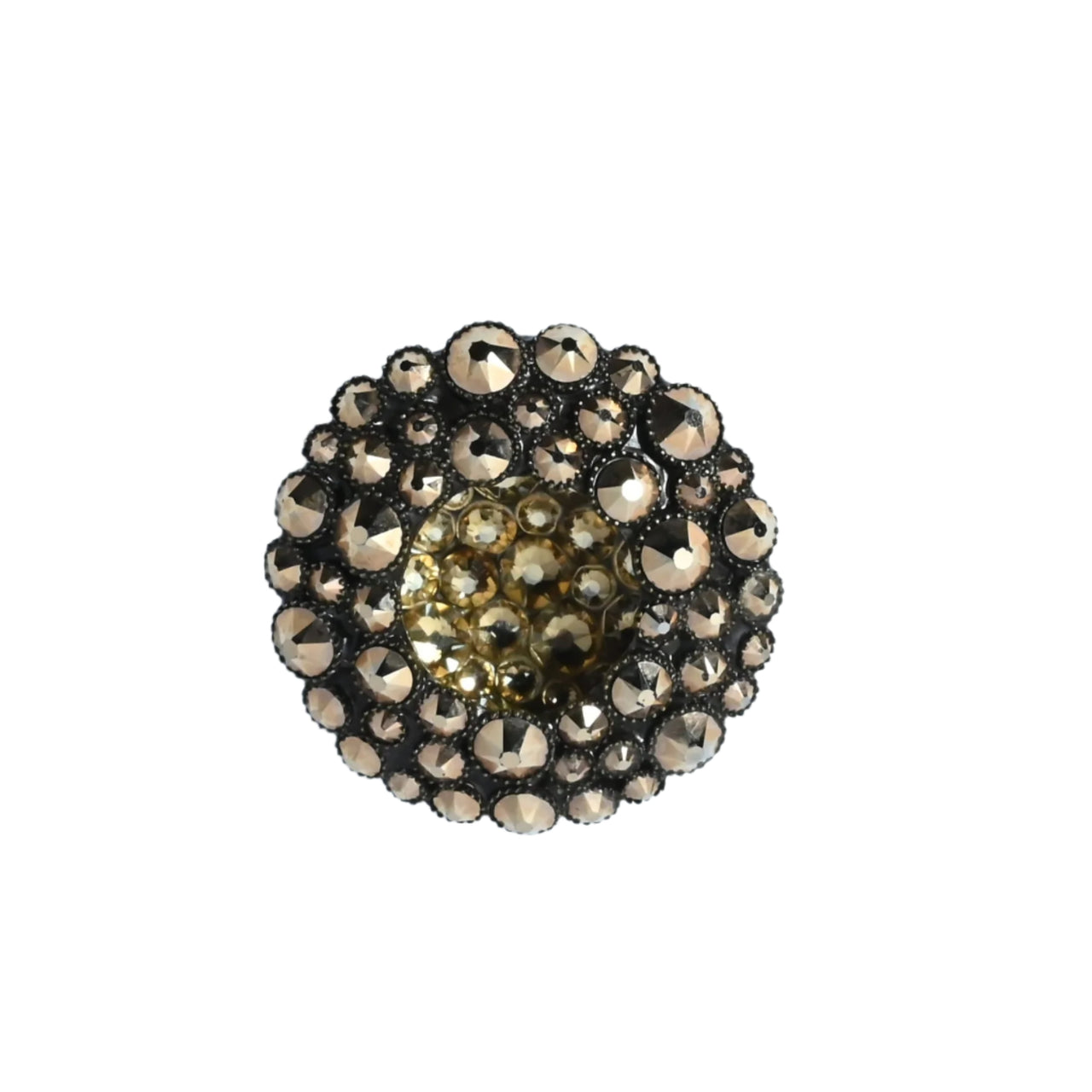 Statement ring by Konplott of Germany by designer Miranda Konstantinidou. In bronze plated metal with faceted brown rhinestones this ring is free size with a large circular centrepiece. 