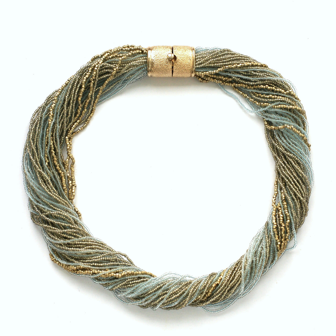 Beautiful soft gold and pale blue Murano glass seed bead necklace with gold plated snap clasp. Can be twisted to shorten. Measures 47cm long