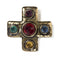 Gold plated cross brooch with jewel coloured cabochon stones in antique gold plate