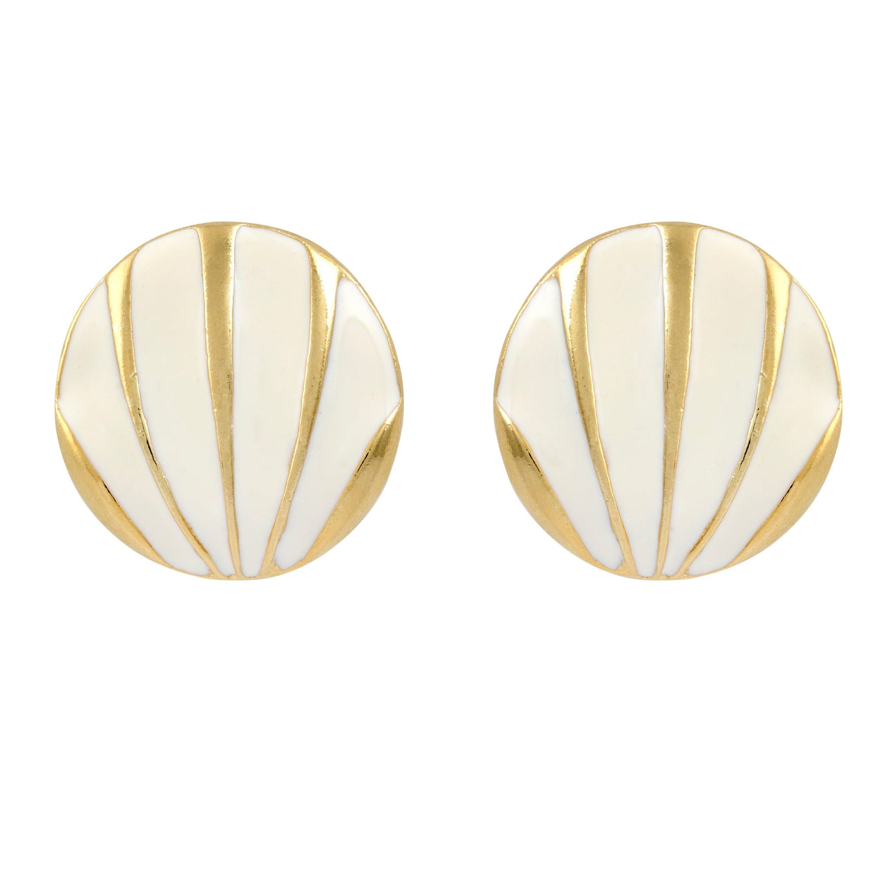 vintage round large cream enamel sunray clip on earrings in gold plate from the 1980s