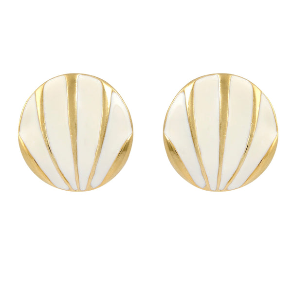 vintage round large cream enamel sunray clip on earrings in gold plate from the 1980s
