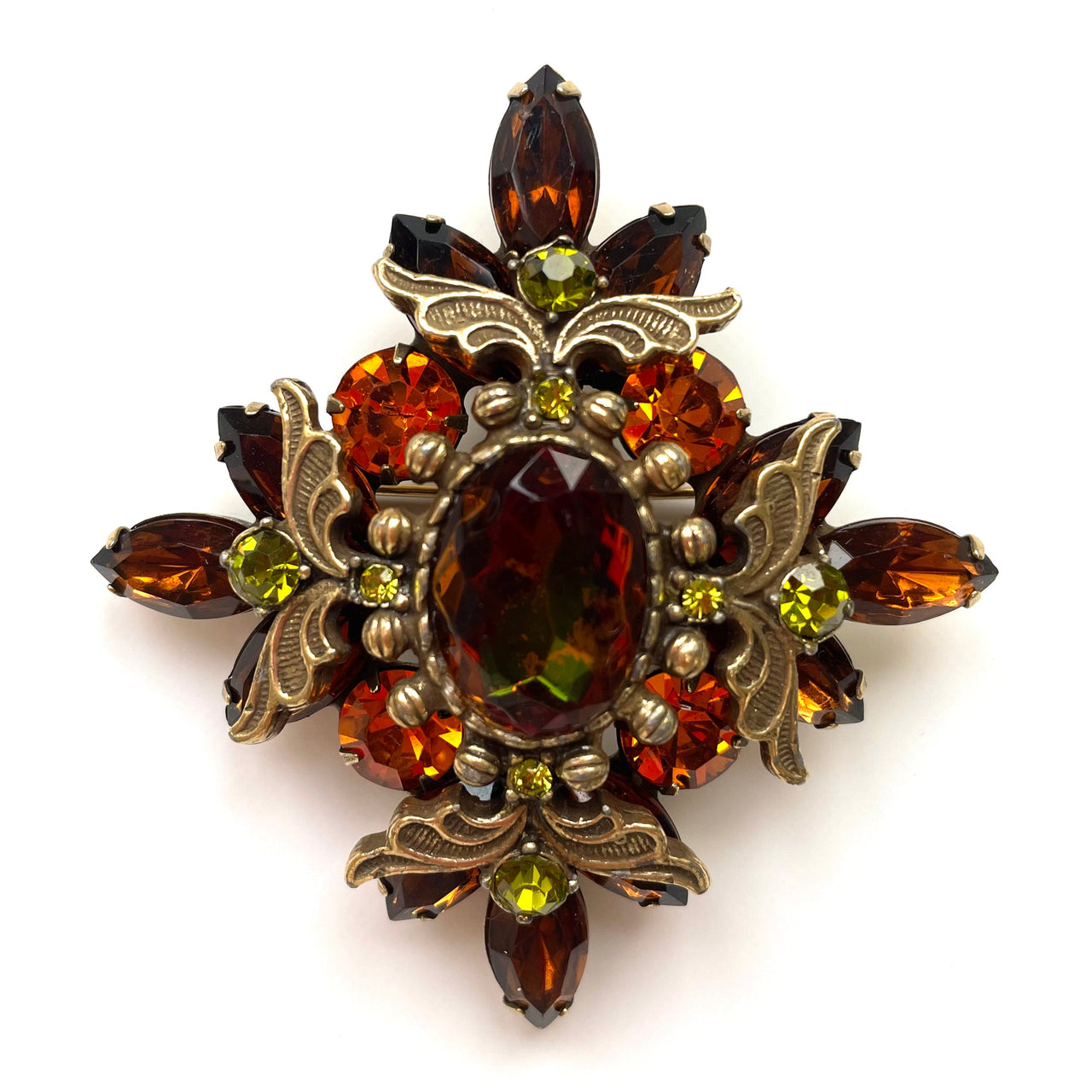 autumnal vintage brooch with brown, orange and olive green rhinestones on antique gold-plated metal