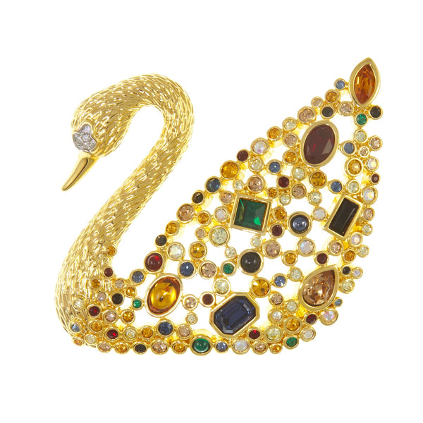 gpld plated swan brooch with coloured stones by Swarovski