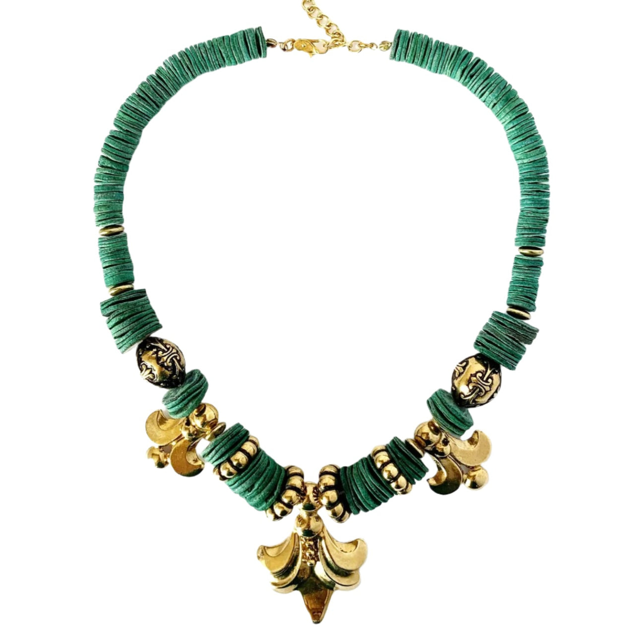 Green beaded necklace with gold accents