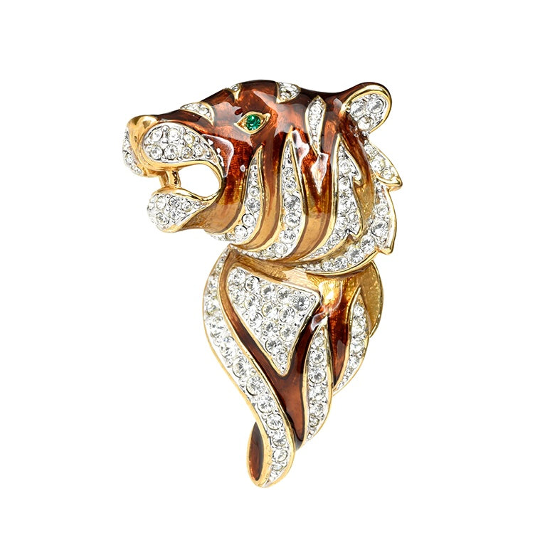 Attwood & Sawyer Swarovski Crystal & Enamel Tiger Face Brooch