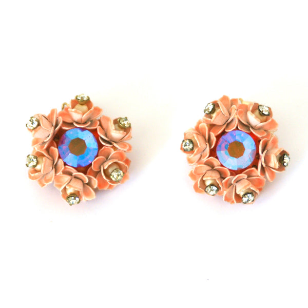 1950s Vintage Floral Clip On Earrings, Peach
