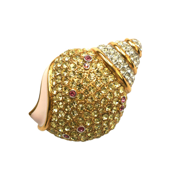 Gold shell-shaped brooch with pale yellow crystals on gold plate