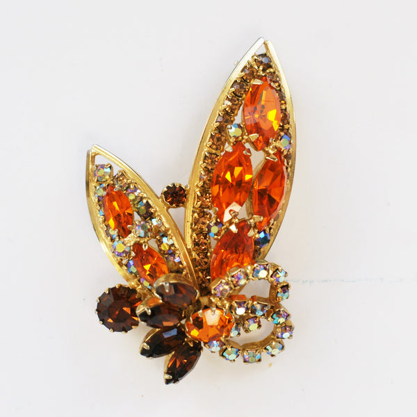 1950s vintage autumnal leave rhinestone brooch