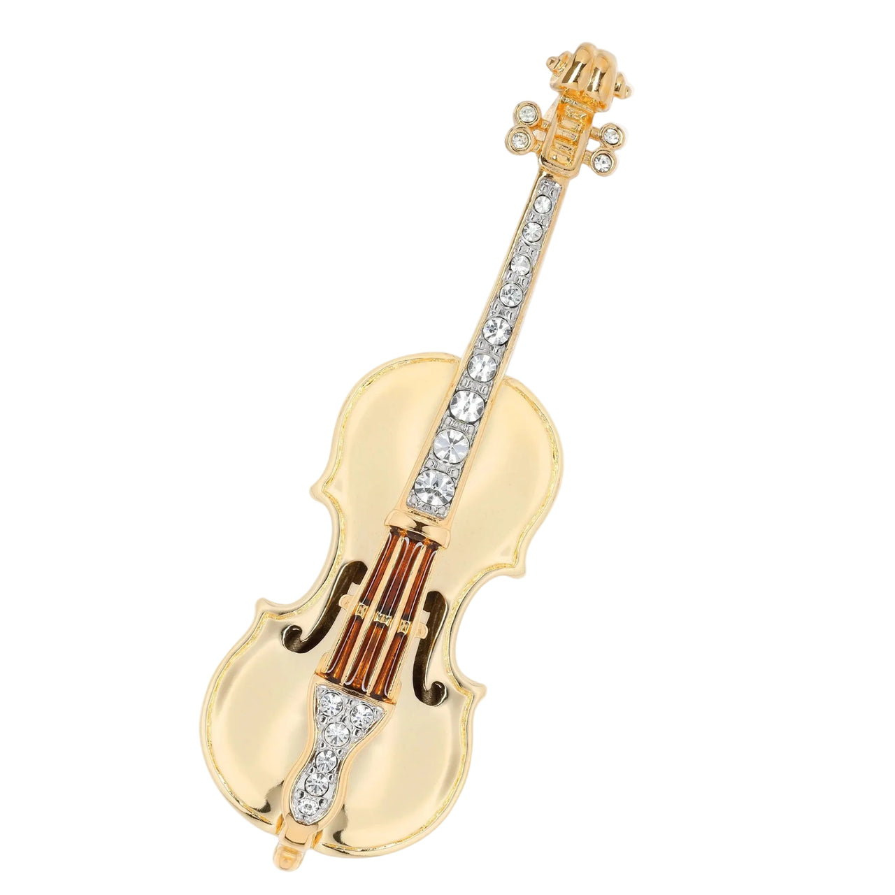 violin brooch gold plated with crystals on a white background