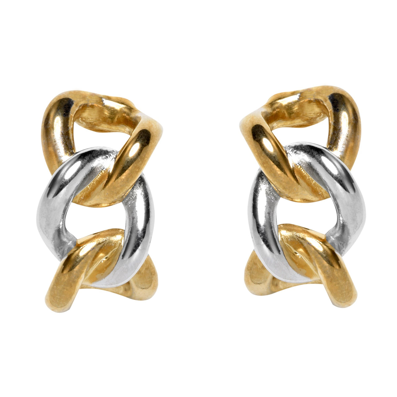 Pair of gold and silver link hoop earrings on a white background