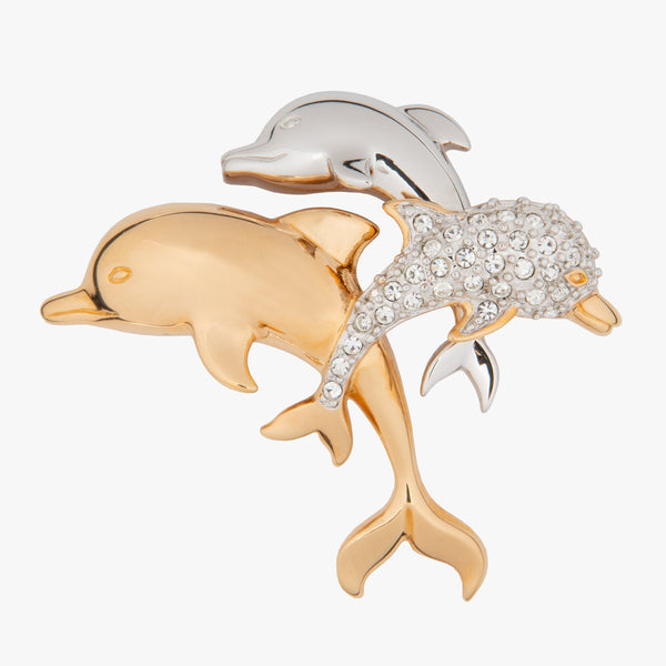 three dolphin brooch gold plated Rhodium plated crystal