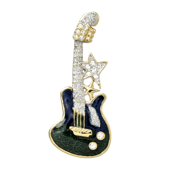 Gold plated crystal enamel Guitar brooch in green and blue 
