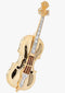 A gold violin-shaped brooch decorated with clear crystals along the neck, scroll, and lower bout, with dark brown wood-look inlay on the strings and f-holes, shown on a plain light gray background.