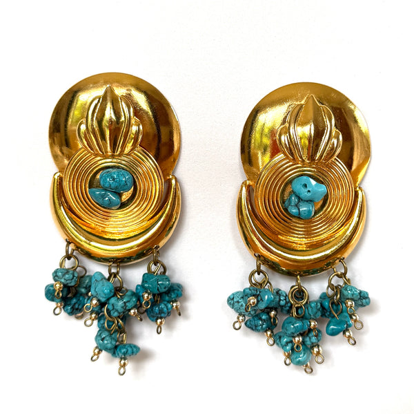 Gold plated turquoise huge 1980s clip on earrings