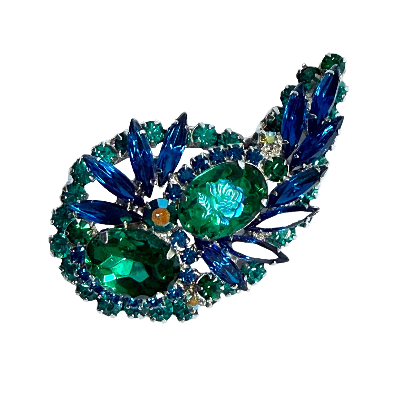 blue vintage claw set rhinestone brooch by Julianna 