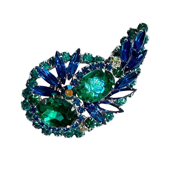 blue vintage claw set rhinestone brooch by Julianna 
