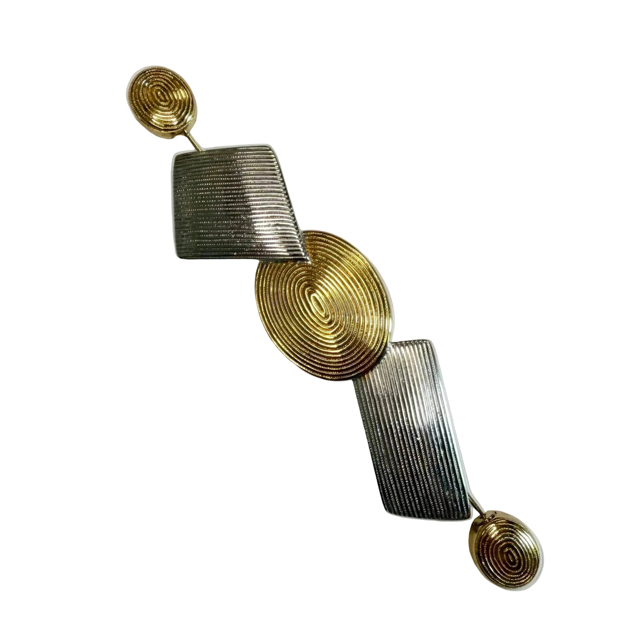 Large Pierre Lang brooch featuring geometric shapes in gold and rhodium plate