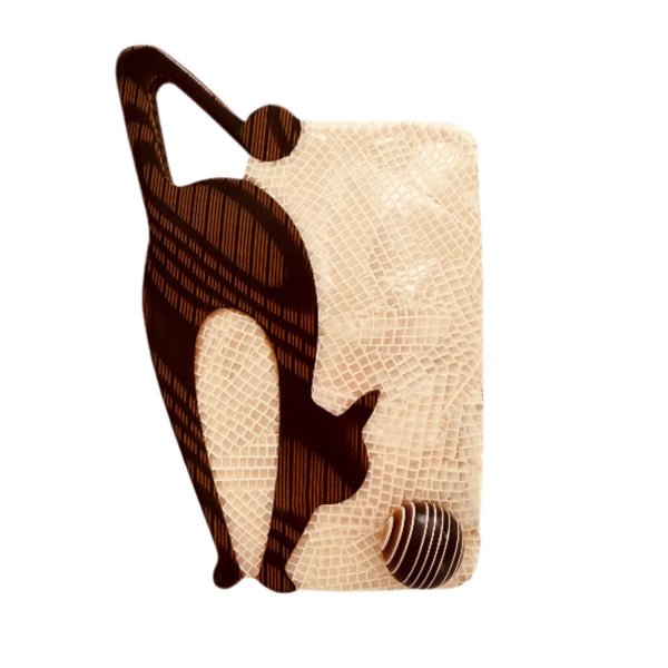 Lea Stein cat and ball brooch in brown and cream