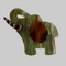 A small elephant-shaped Lea Stein brooch   featuring a marbled green and beige body with a glossy tortoiseshell brown ear and a striped brown and white trunk , set against a plain off-white background.
