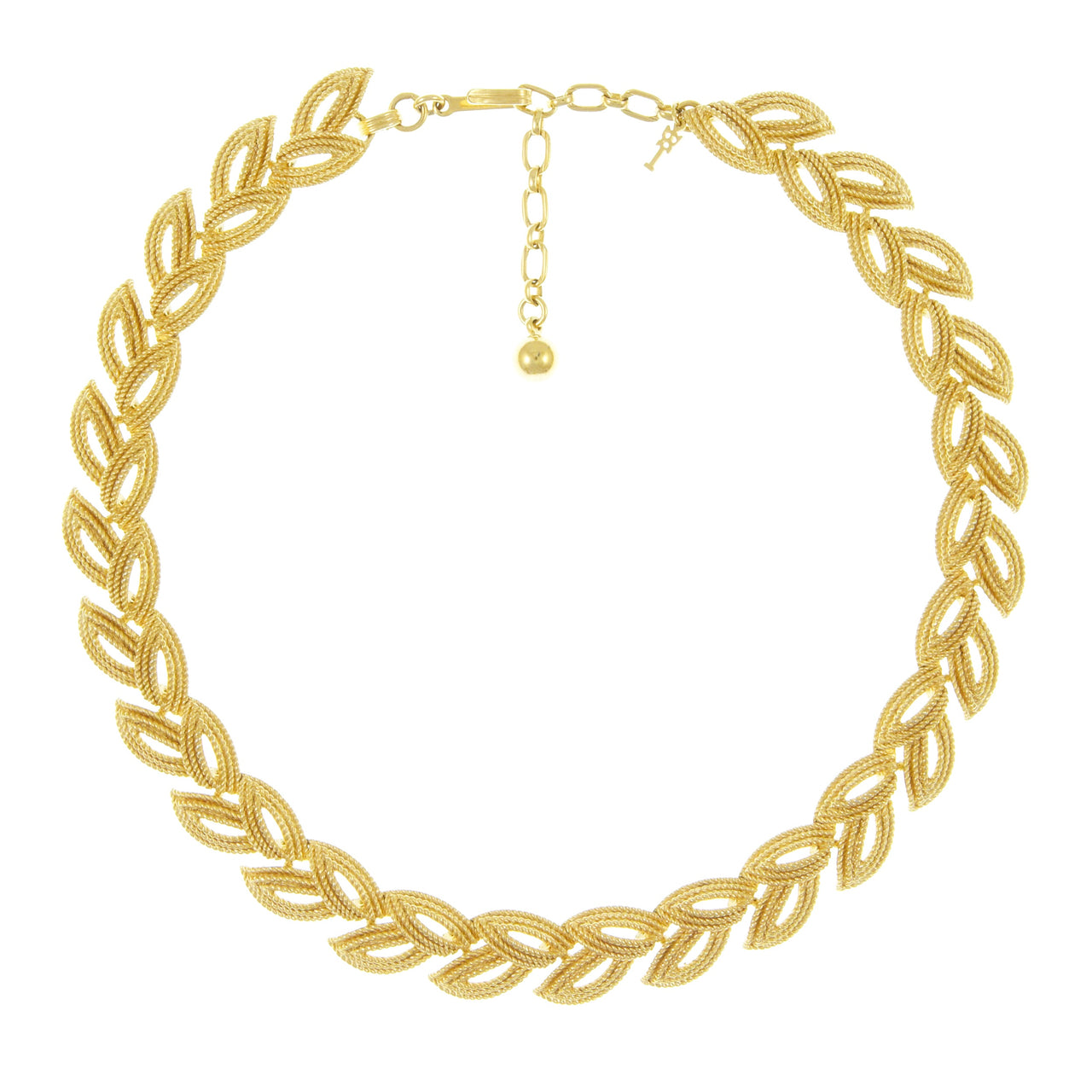 gold plated Trifari necklace with woven leaf design in gold plate