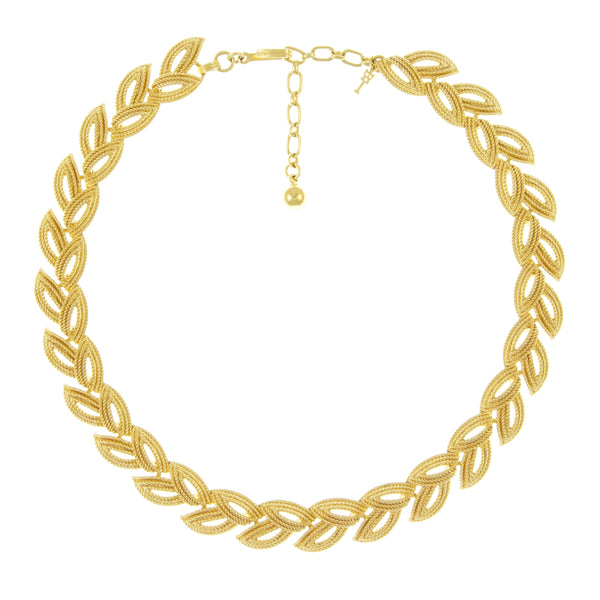 gold plated Trifari necklace with woven leaf design in gold plate