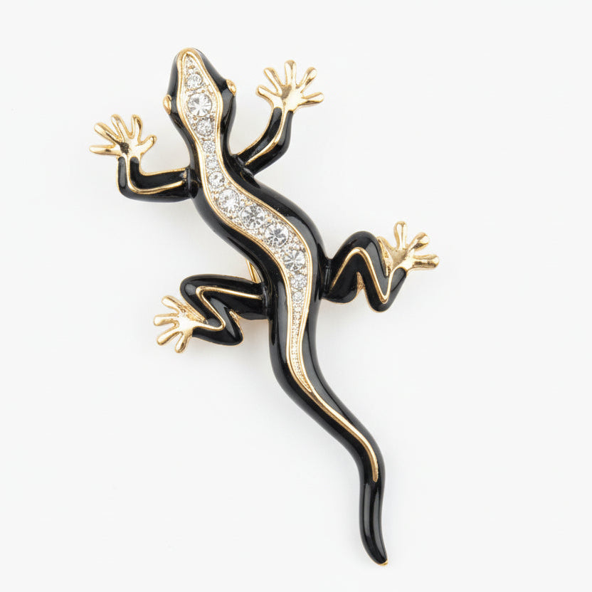 Black enamel Lizard brooch by Cabouchon from the 1980s with clear crystals and gold plate