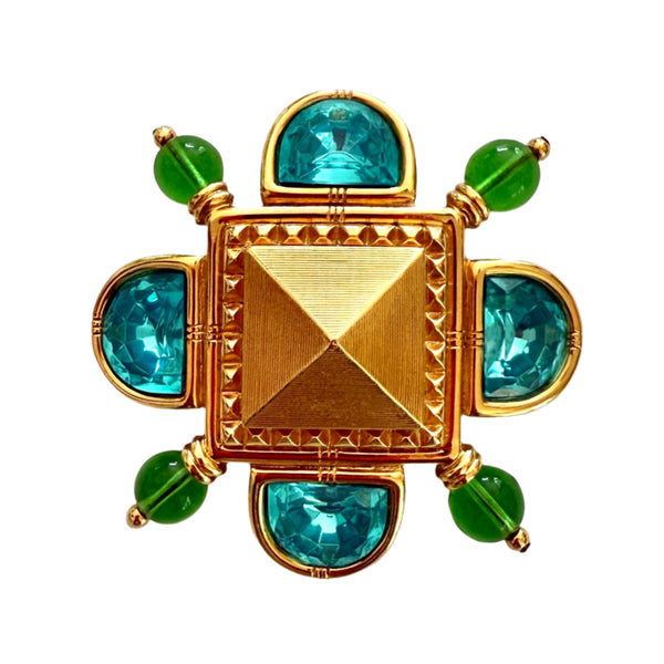 Gold brooch with turquoise and green resin gemstones 