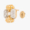 A gold and silver-tone flower-shaped stick pin embellished with clear crystals, shown alongside its gold post and backing on a light gray background.