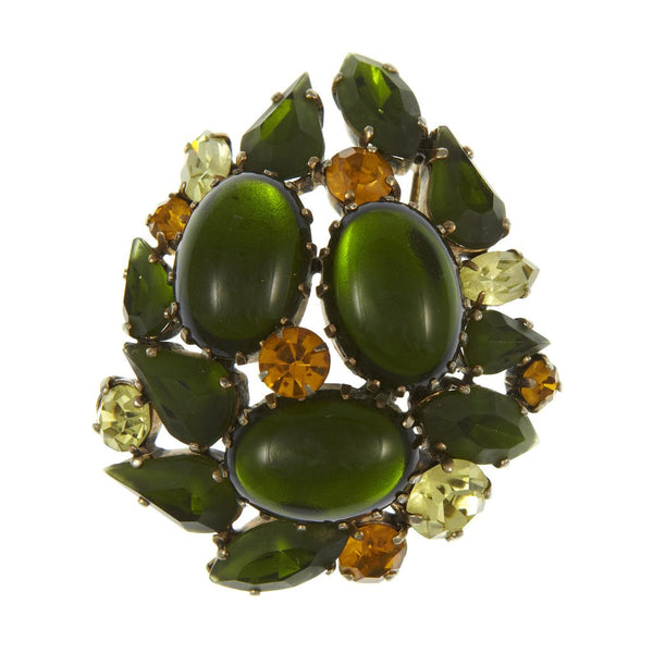 Vintage brooch with green and orange gemstones