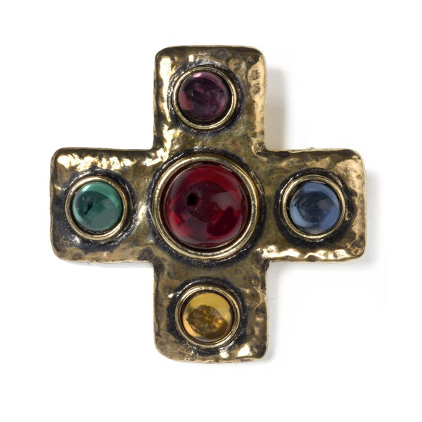 Gold plated cross brooch with jewel coloured cabochon stones in antique gold plate