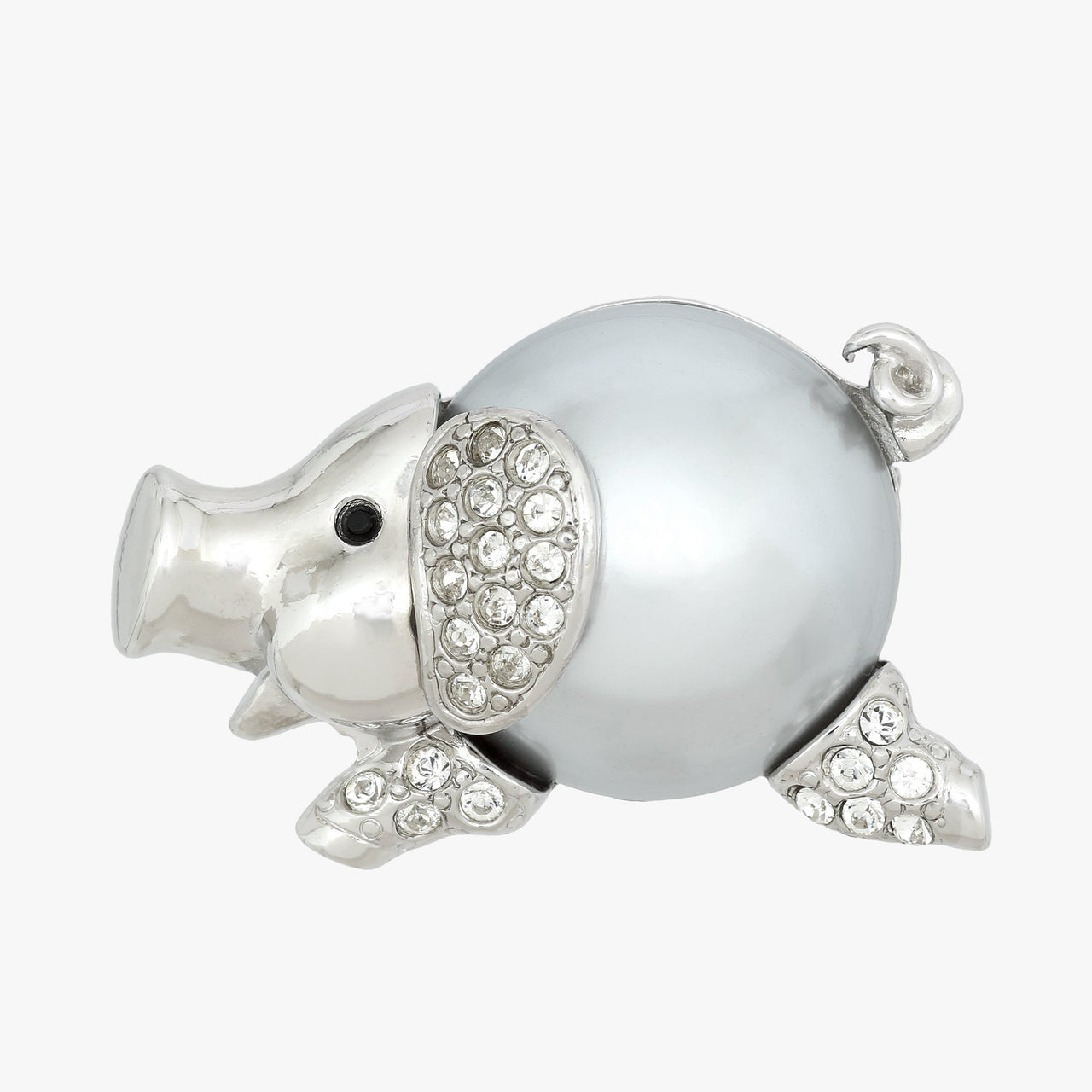 A silver pig-shaped brooch featuring a smooth, glossy white pearl-like body and sparkling clear rhinestone accents on its snout, ears, and legs, set against a plain light gray background.