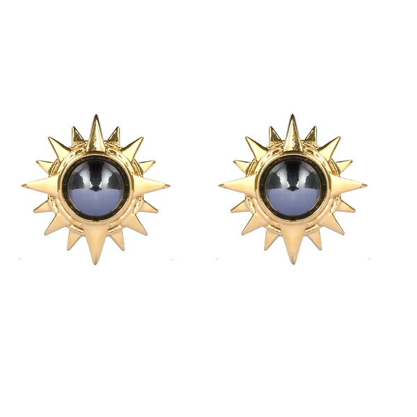 A pair of gold-plated stud earrings featuring a hematite stone set in a star-shaped mount.