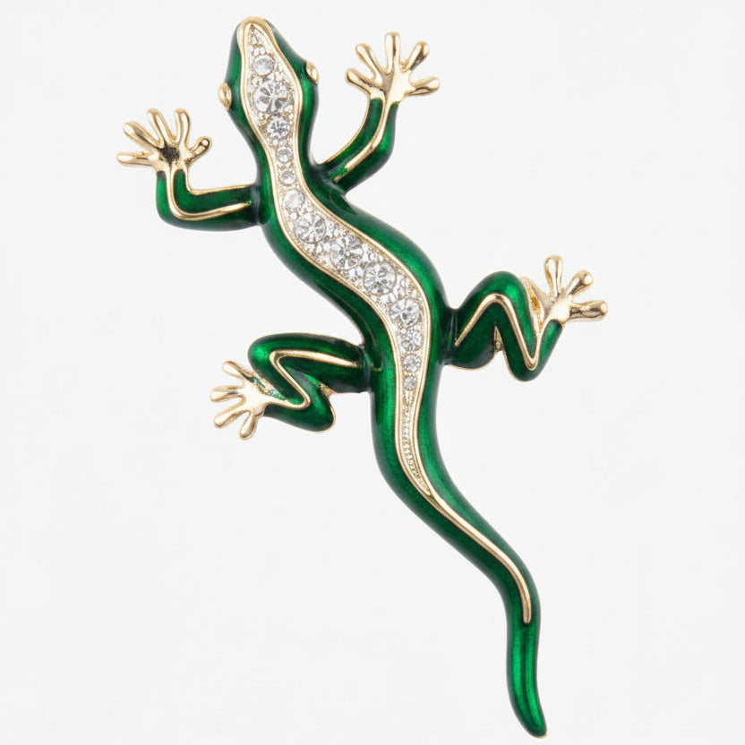 green lizard brooch enamel on gold plate Cabouchon from 1980s