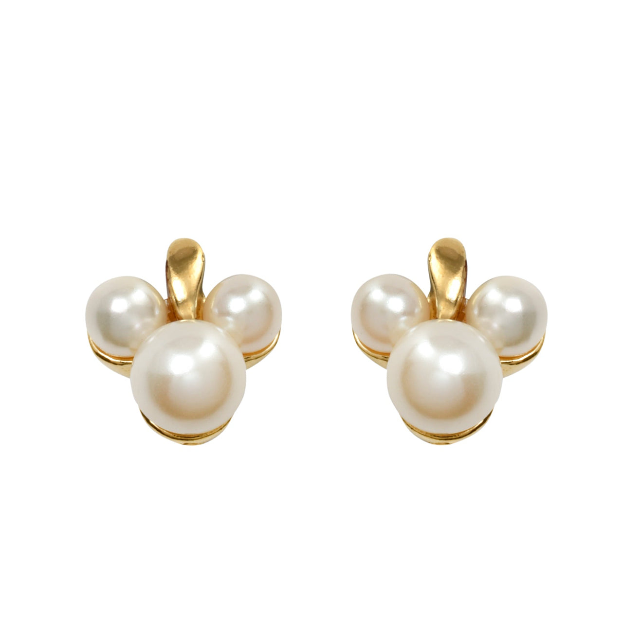 A pair of gold and pearl stud earrings, each featuring three white pearls arranged in a flower-like cluster with a gold bail at the top, set against a plain white background.