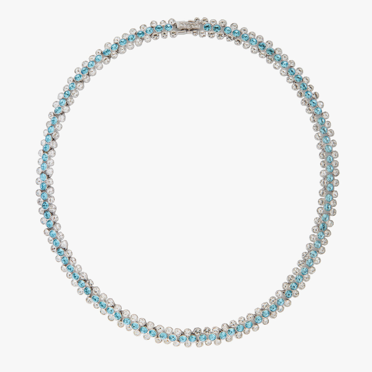 Necklace with blue and clear crystals on a white background