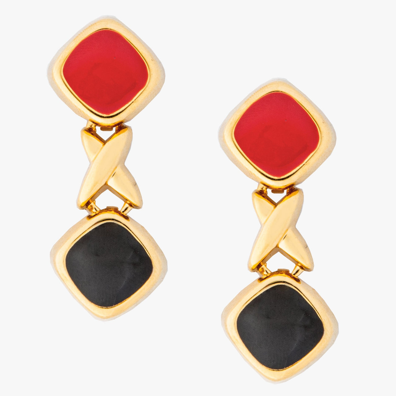 Enamel red & black gold plated pierced drop earrings