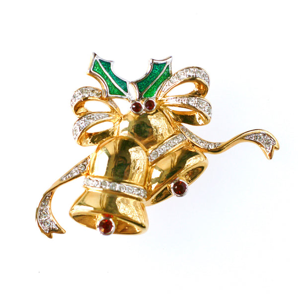 Christmas gold plated brooch with bells and bows gold plated green enamel 